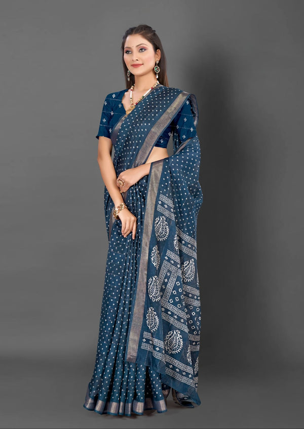 619003 Bandhani Printed Kankawati Silk Saree - Blue