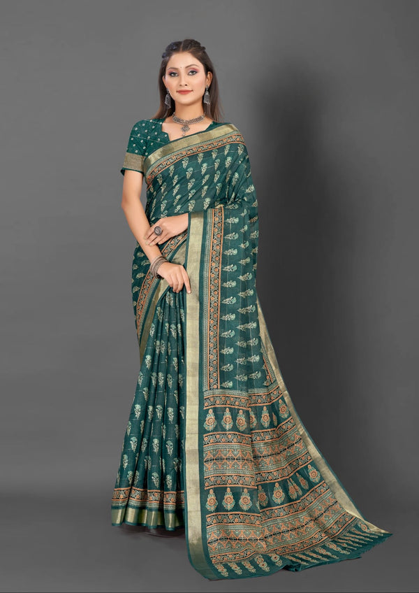 619001 Ajrakh Flower Printed Kankawati Silk Saree - Rama Green