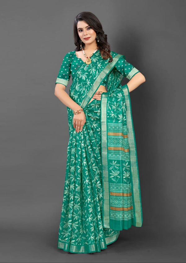 619005 Flower Printed Kankawati Silk Saree - Teal Green