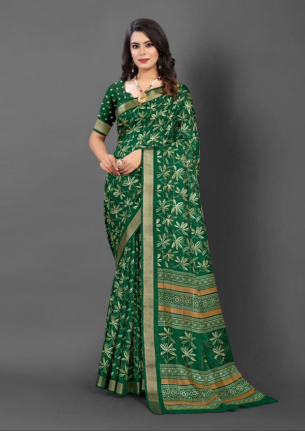 619005 Flower Printed Kankawati Silk Saree - Green