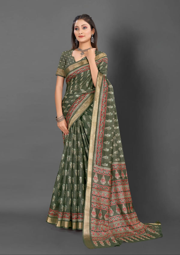 619001 Ajrakh Flower Printed Kankawati Silk Saree - Mehandi Green