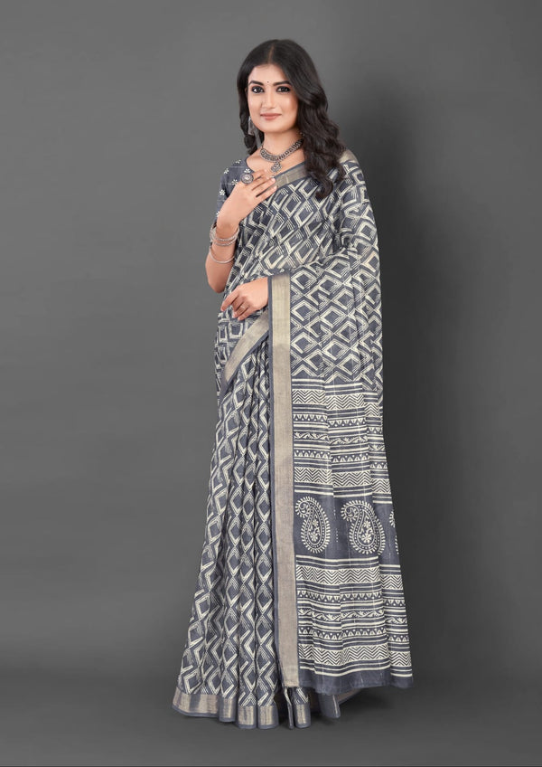 619002 Batik Printed Kankawati Silk Saree - Gray