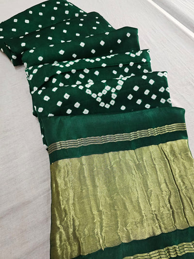 624002 Gajji Silk Rajasthani Hand Bandhani Saree with Lagadi Patta - Green