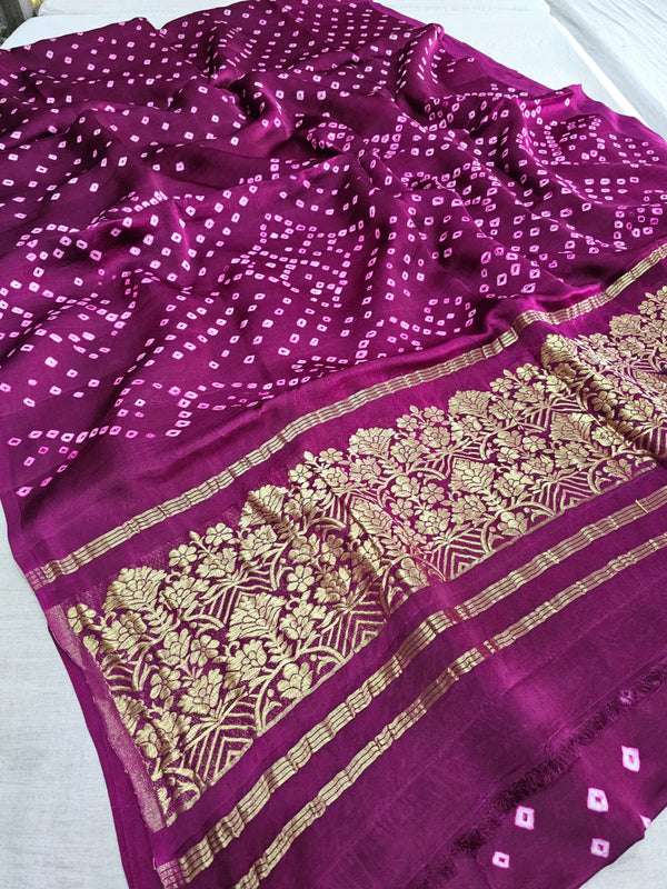 624001 Gajji Silk Rajasthani Hand Bandhani Saree with Zari Pallu  - Wine