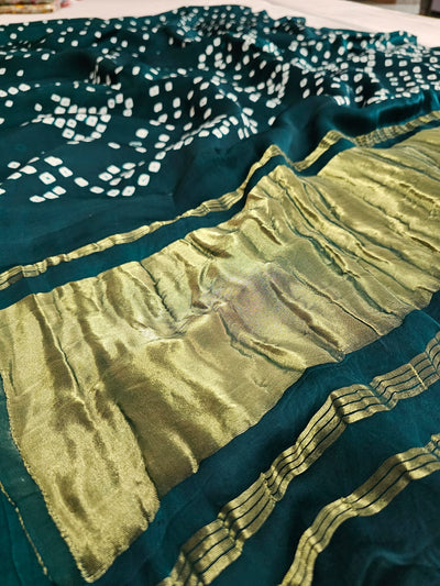 624002 Gajji Silk Rajasthani Hand Bandhani Saree with Lagadi Patta - Rama Green