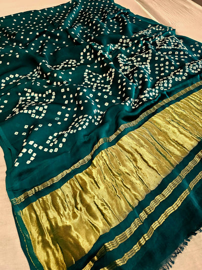 624002 Gajji Silk Rajasthani Hand Bandhani Saree with Lagadi Patta - Rama Green