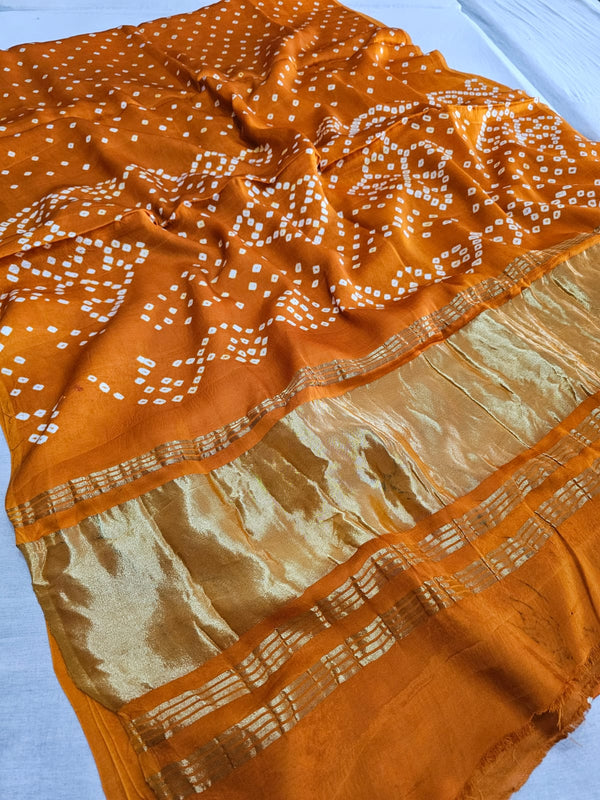 624002 Gajji Silk Rajasthani Hand Bandhani Saree with Lagadi Patta - Mustered Yellow