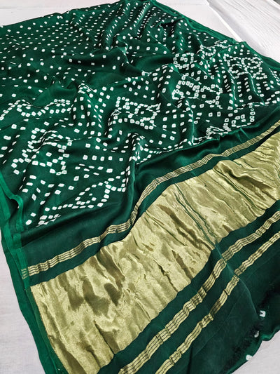 624002 Gajji Silk Rajasthani Hand Bandhani Saree with Lagadi Patta - Green