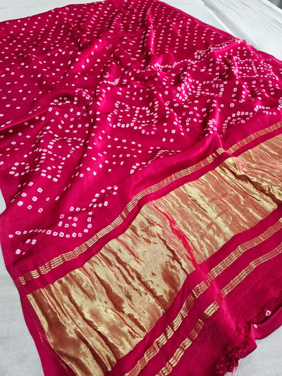 624002 Gajji Silk Rajasthani Hand Bandhani Saree with Lagadi Patta - Rani