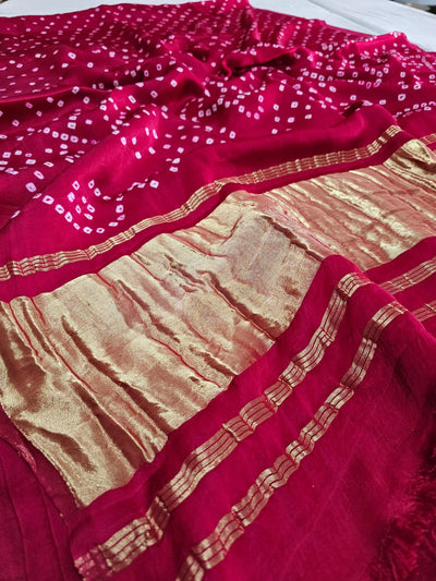 624002 Gajji Silk Rajasthani Hand Bandhani Saree with Lagadi Patta - Rani