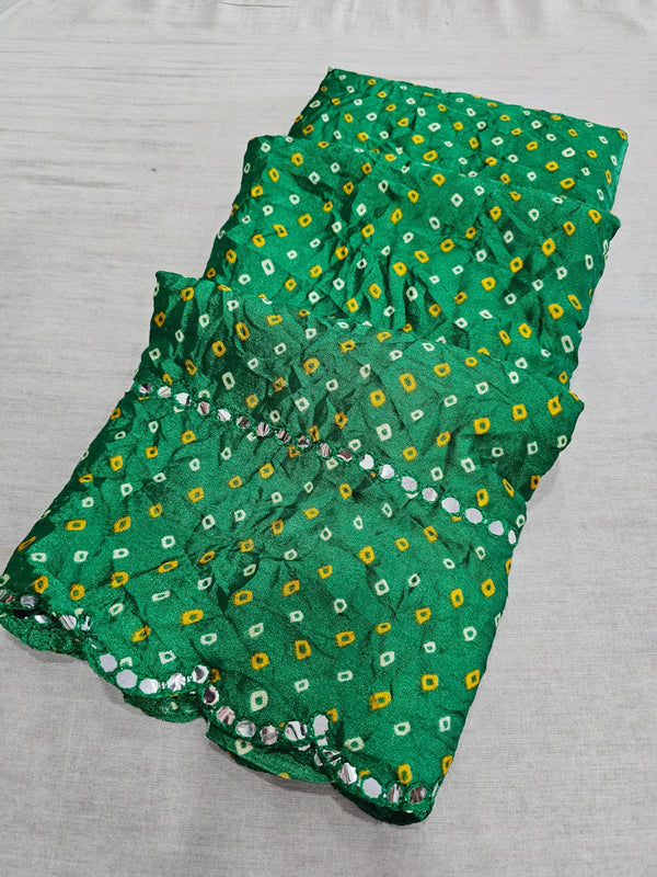 625002 Rajasthani Bandhani Saree With Cut Work and Patra Mirror - Light Green