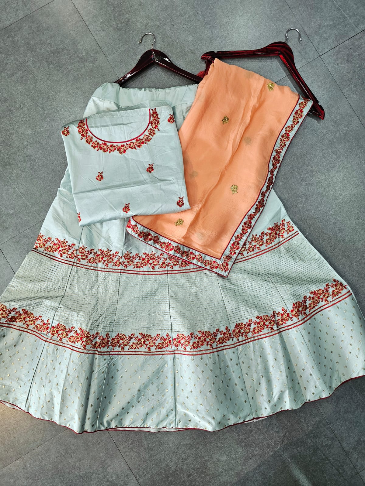 640001 satin silk embroidery Lehenga - sky blue