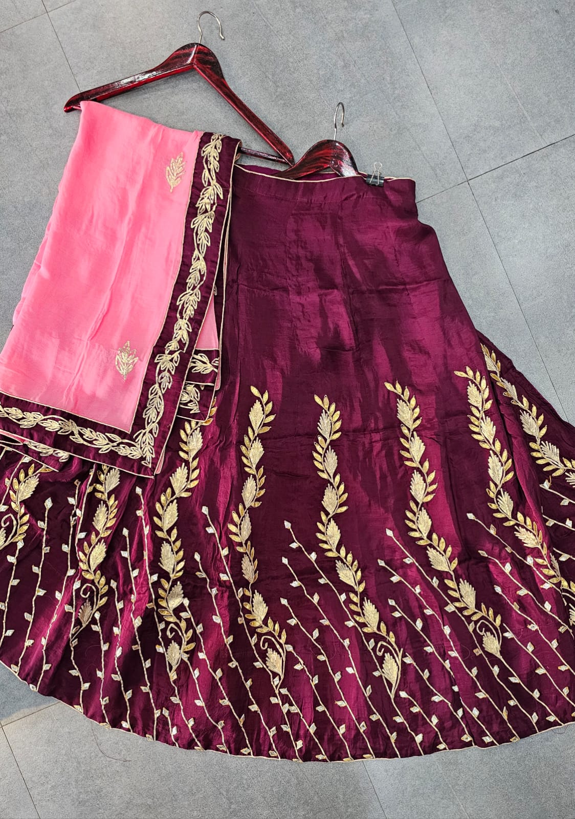 640004 Rajasthani gotta patti Semi modal silk Lehenga - wine