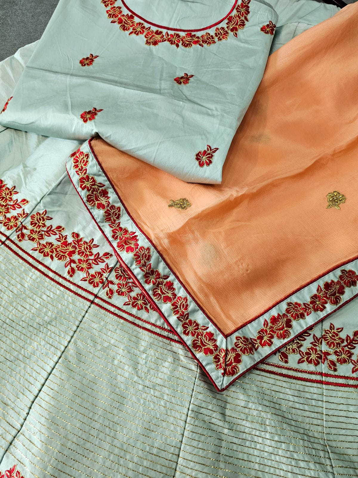 640001 satin silk embroidery Lehenga - sky blue