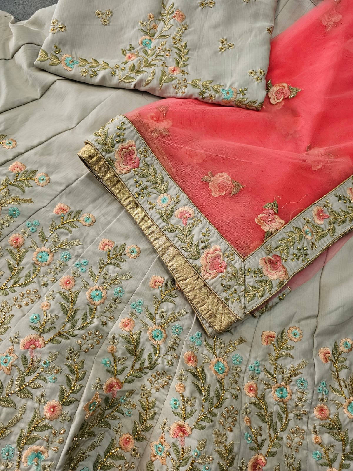 640007 Rajasthani Satin Silk resam, zari Embroidery Lehenga - grey