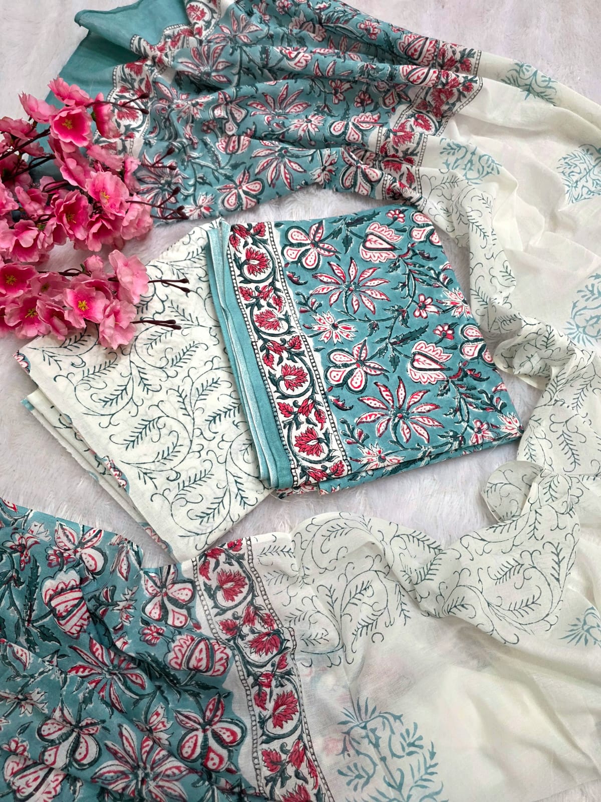 804002 Pure Malmal Cotton Hand Block Print Unstitched Suit