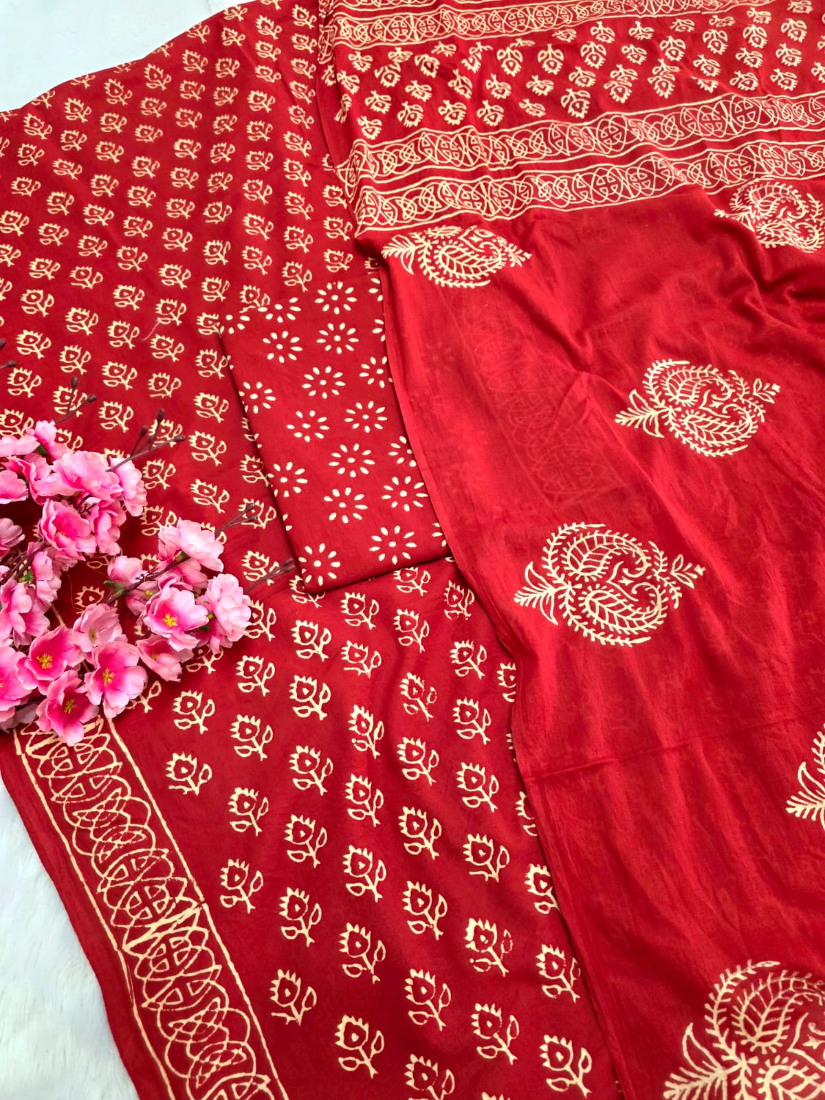 804010 Pure Malmal Cotton Hand Block Print Unstitched Suit