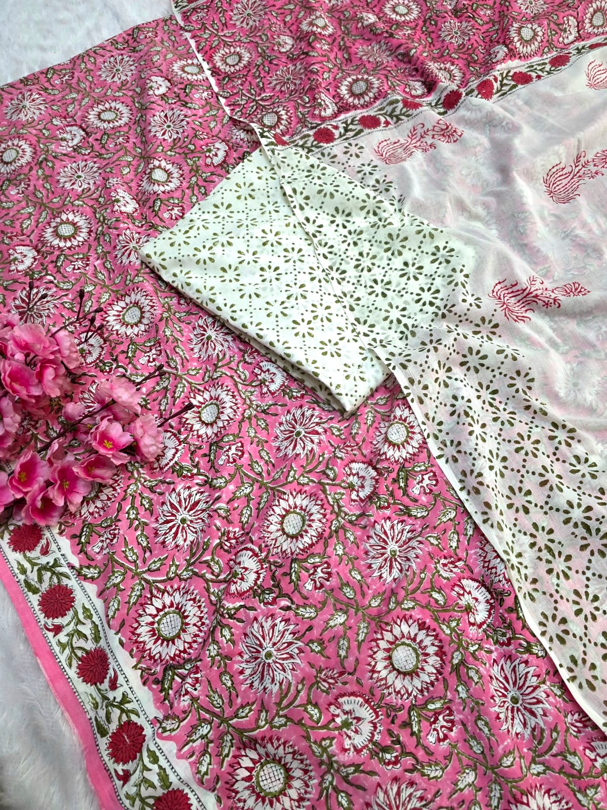 804008 Pure Malmal Cotton Hand Block Print Unstitched Suit