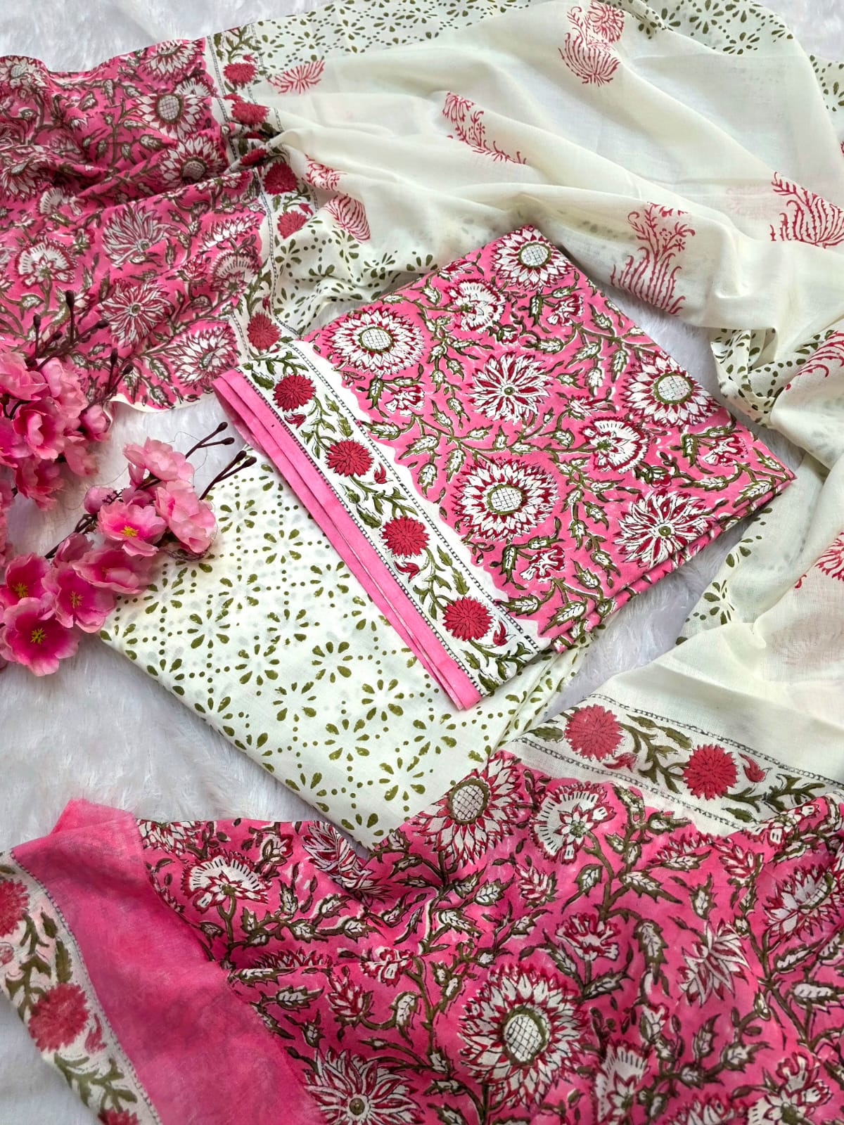 804008 Pure Malmal Cotton Hand Block Print Unstitched Suit