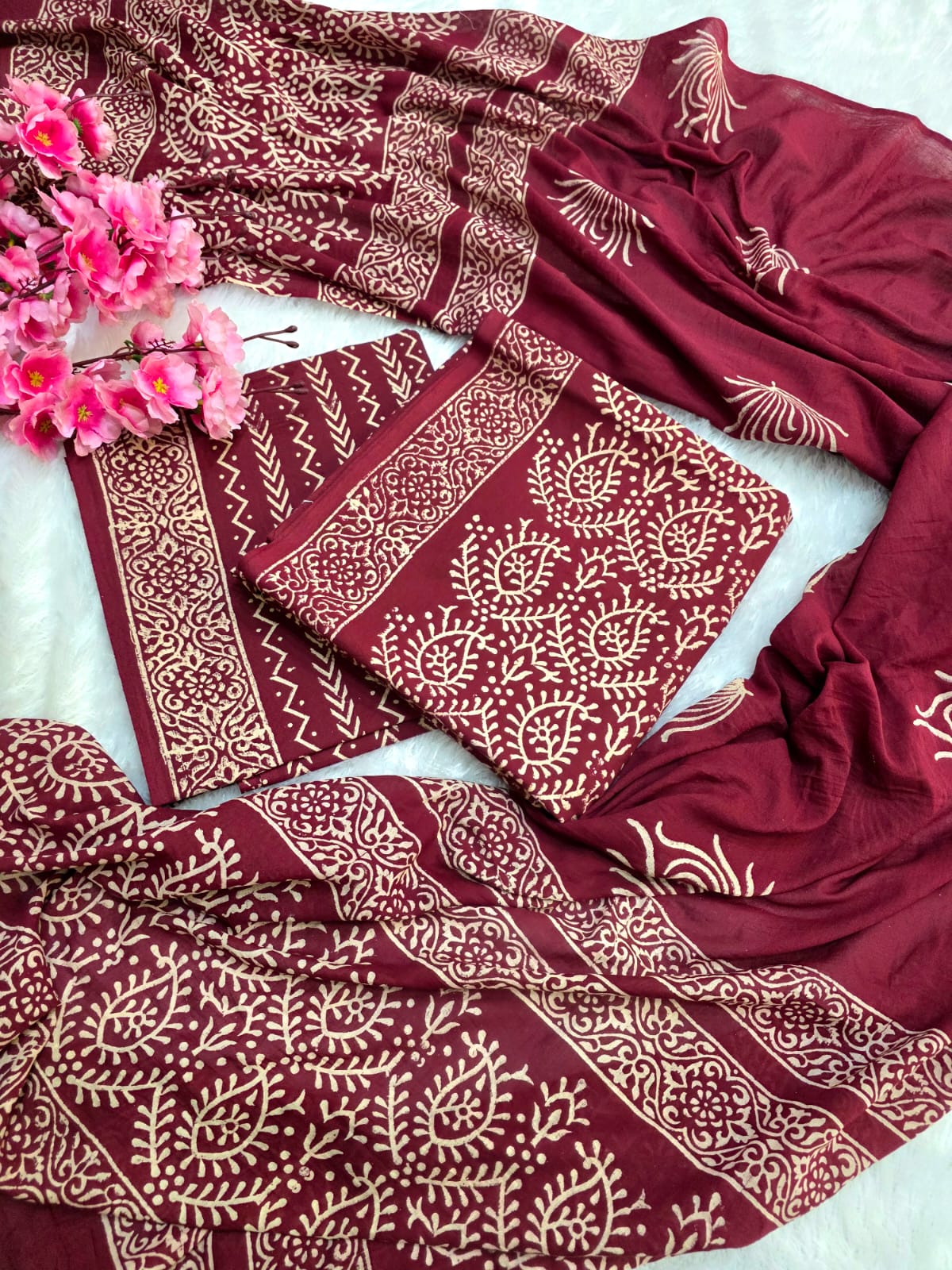 804003 Pure Malmal Cotton Hand Block Print Unstitched Suit