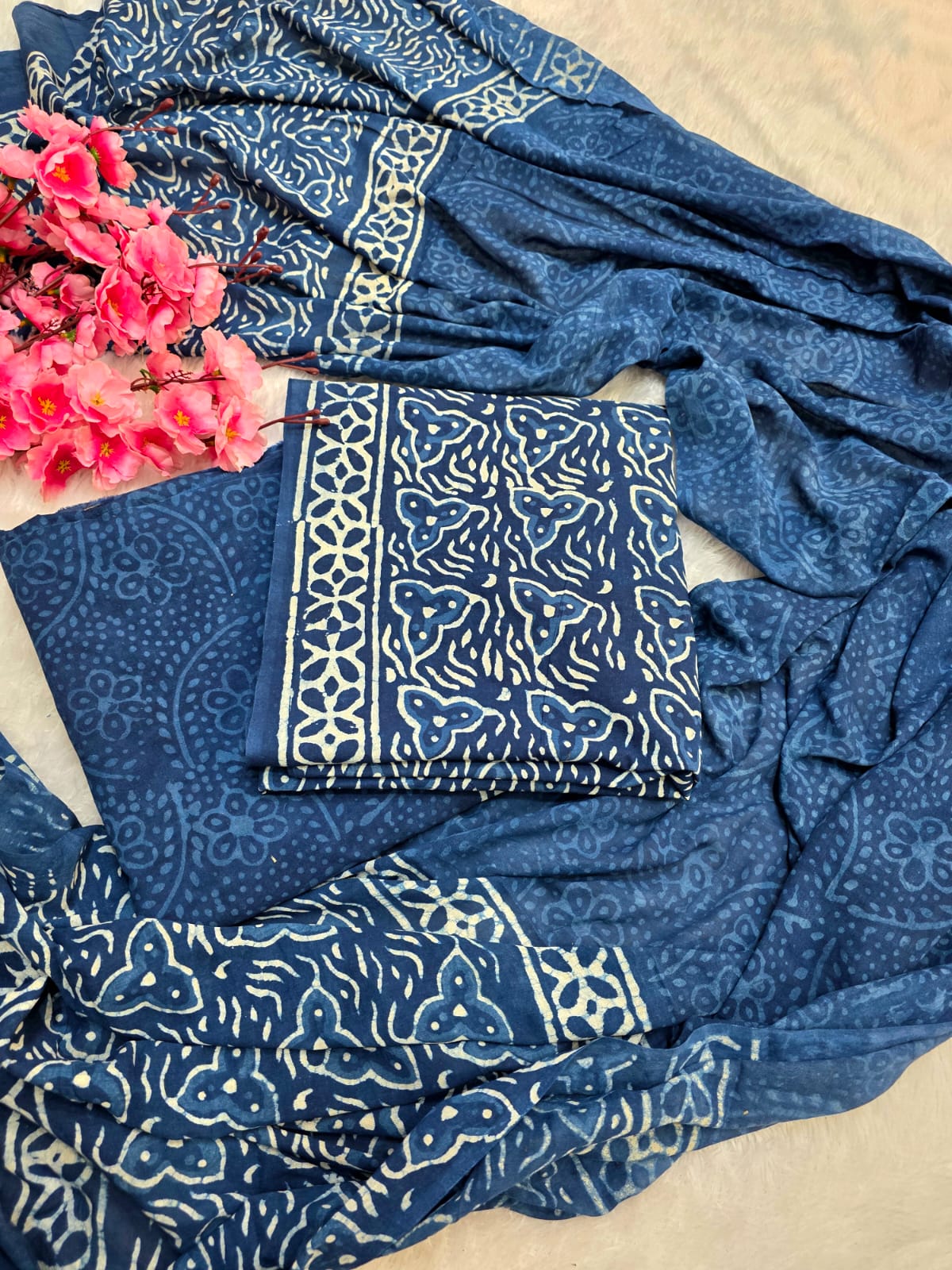 804013 Pure Malmal Cotton Hand Block Print Unstitched Suit