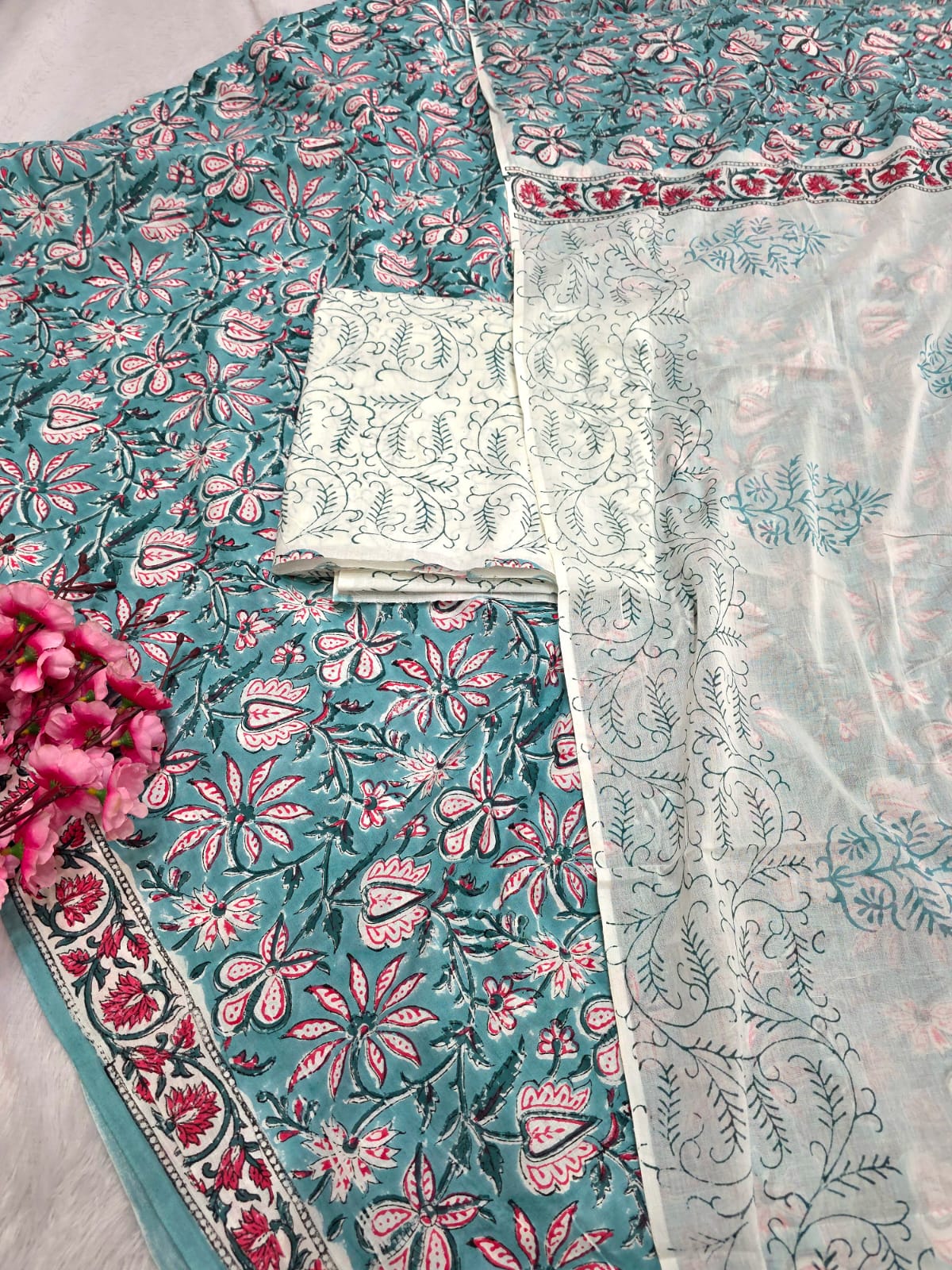 804002 Pure Malmal Cotton Hand Block Print Unstitched Suit