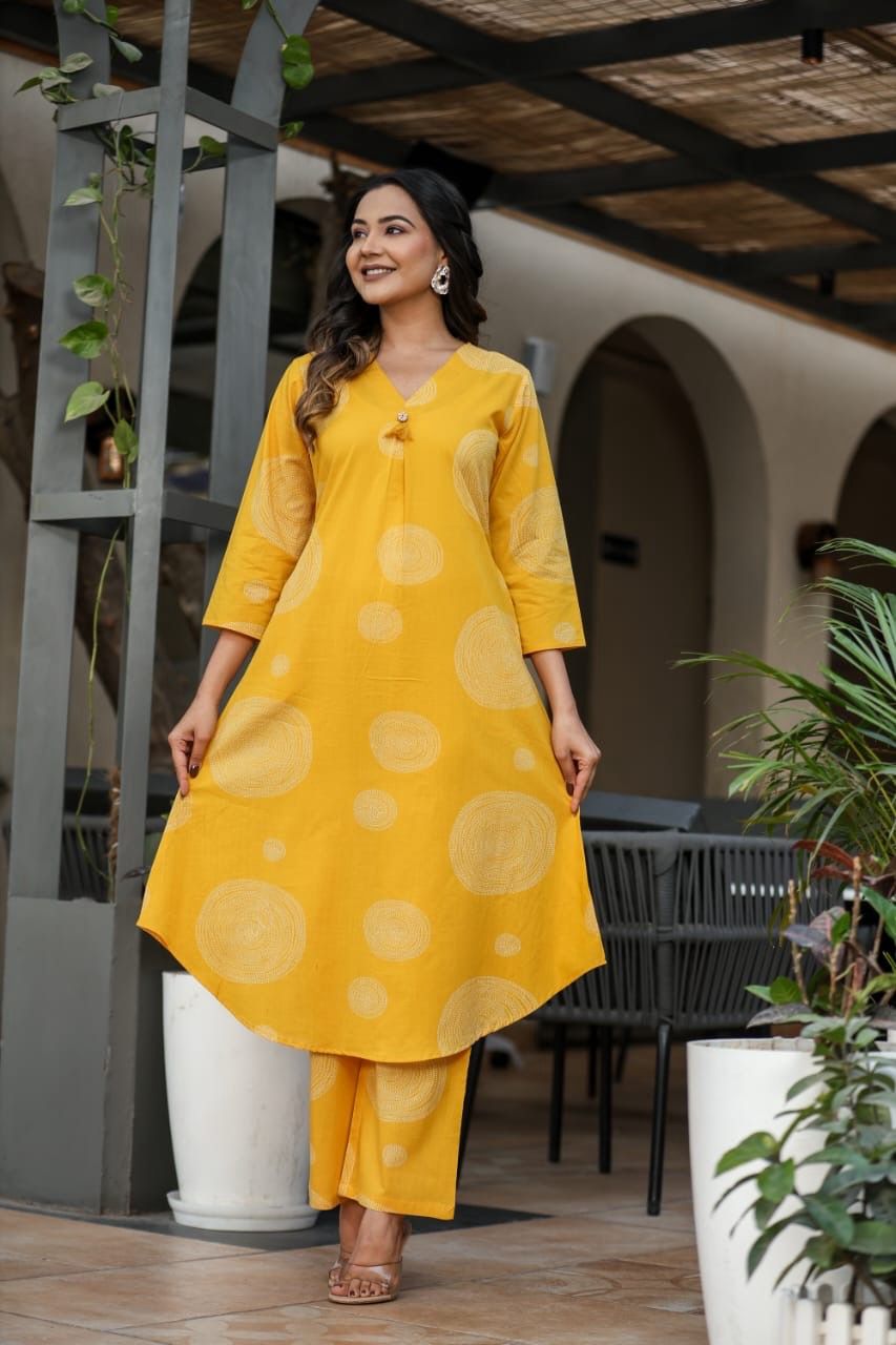 12161 Pure Cotton Aline Kurti With Pocket And Pant Set