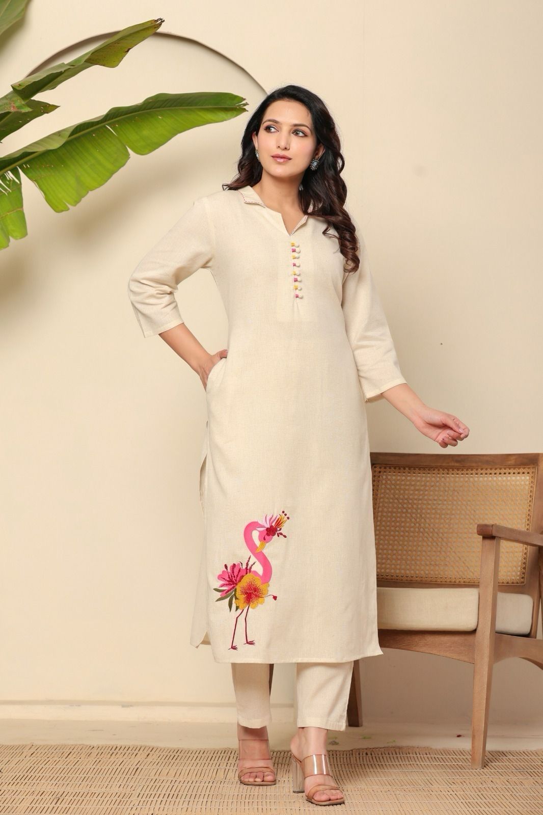 12164 Pure Natural Cotton Kurti With Embroidery Pant Set