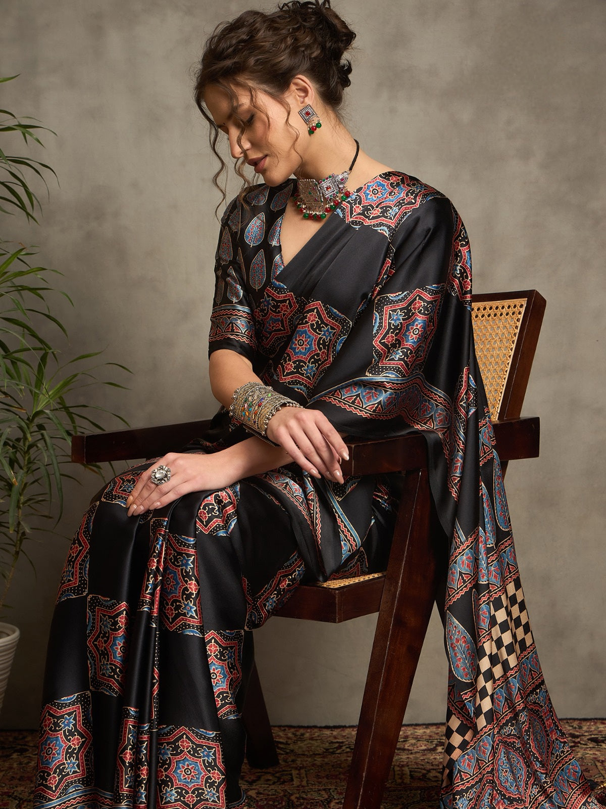 836006 Trending Ajrakh Print Semi Modal Silk Saree