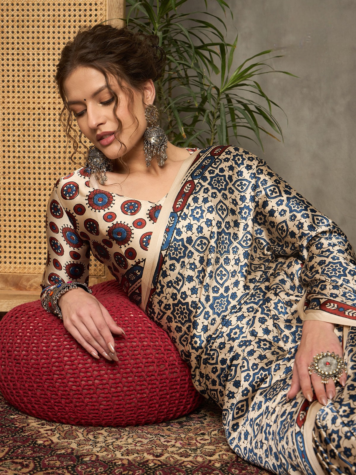 836005 Trending Ajrakh Print Semi Modal Silk Saree -