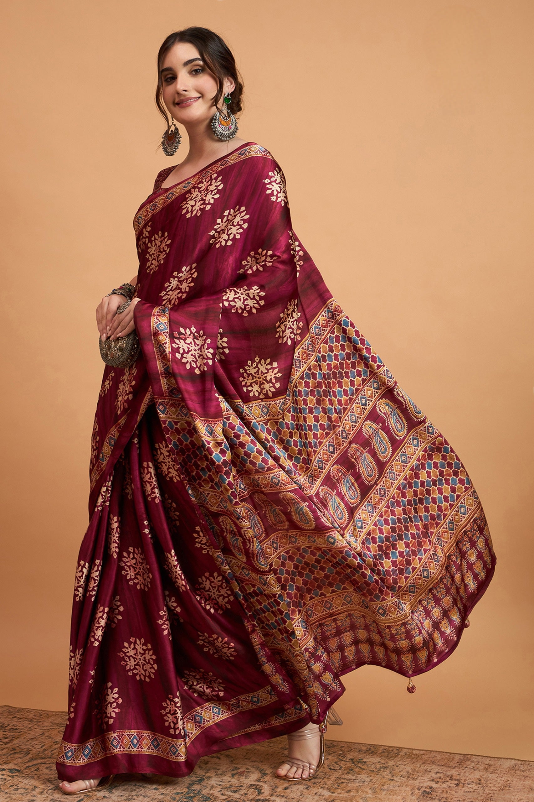 836002 Trending Ajrakh Print Semi Modal Silk Saree - Wine