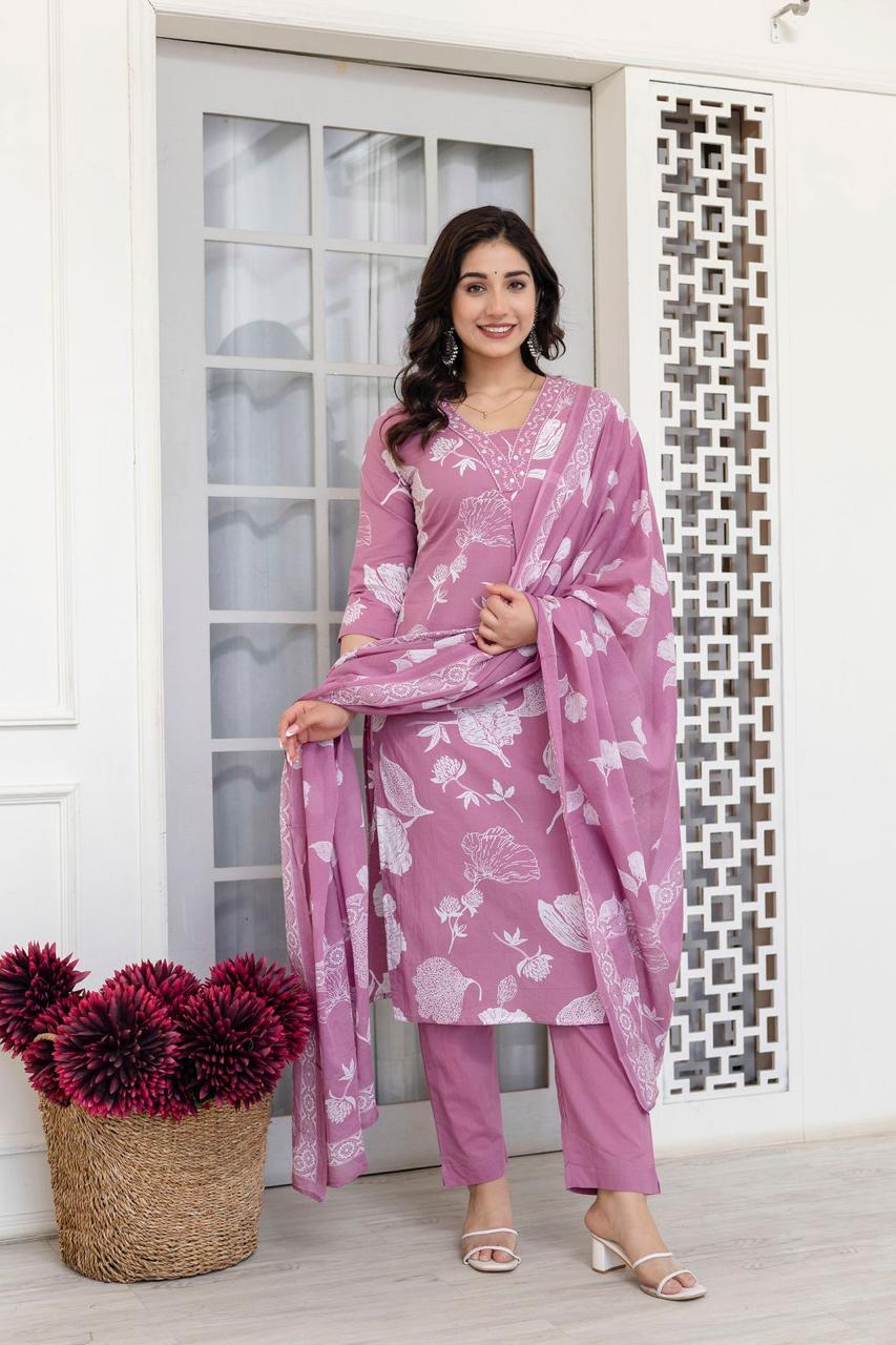 889008 Pure Cotton Straight Flower Print Cotton Kurti Set With Pant and Dupatta 835003