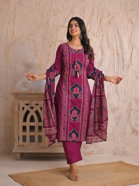 835007 Pure Cotton Straight Ajrakh Print Cotton Kurti WIth Pant and Dupatta