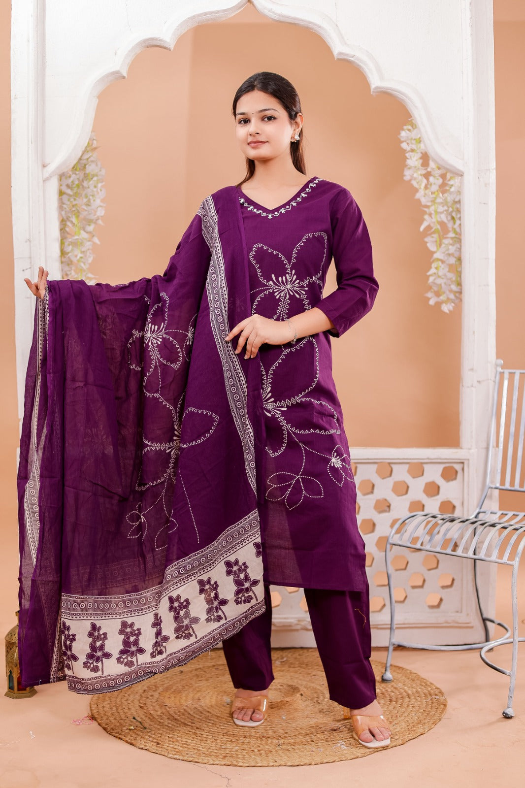 835002 Pure Cotton Straight Flower Print Cotton Kurti Set With Pant and Dupatta