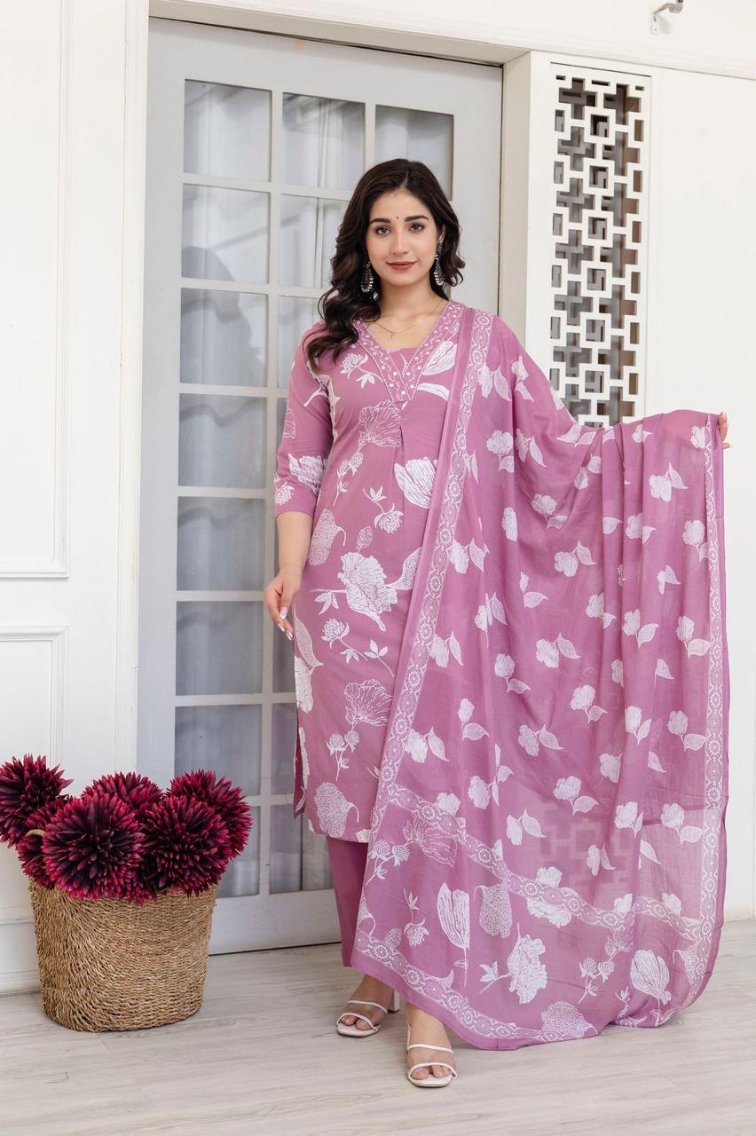 889008 Pure Cotton Straight Flower Print Cotton Kurti Set With Pant and Dupatta 835003