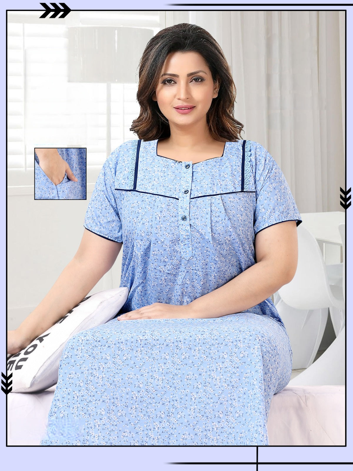 888002 Very Soft And Comfortable Night Gown with One Side Pocket - Sky Blue
