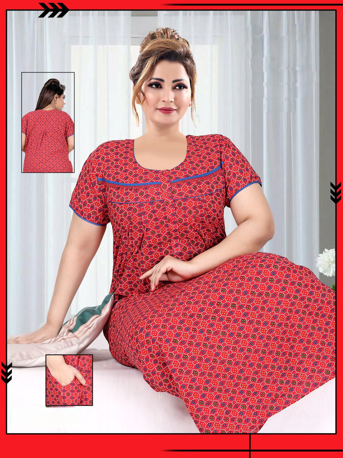 888003 Very Soft And Comfortable Night Gown with One Side Pocket - Red
