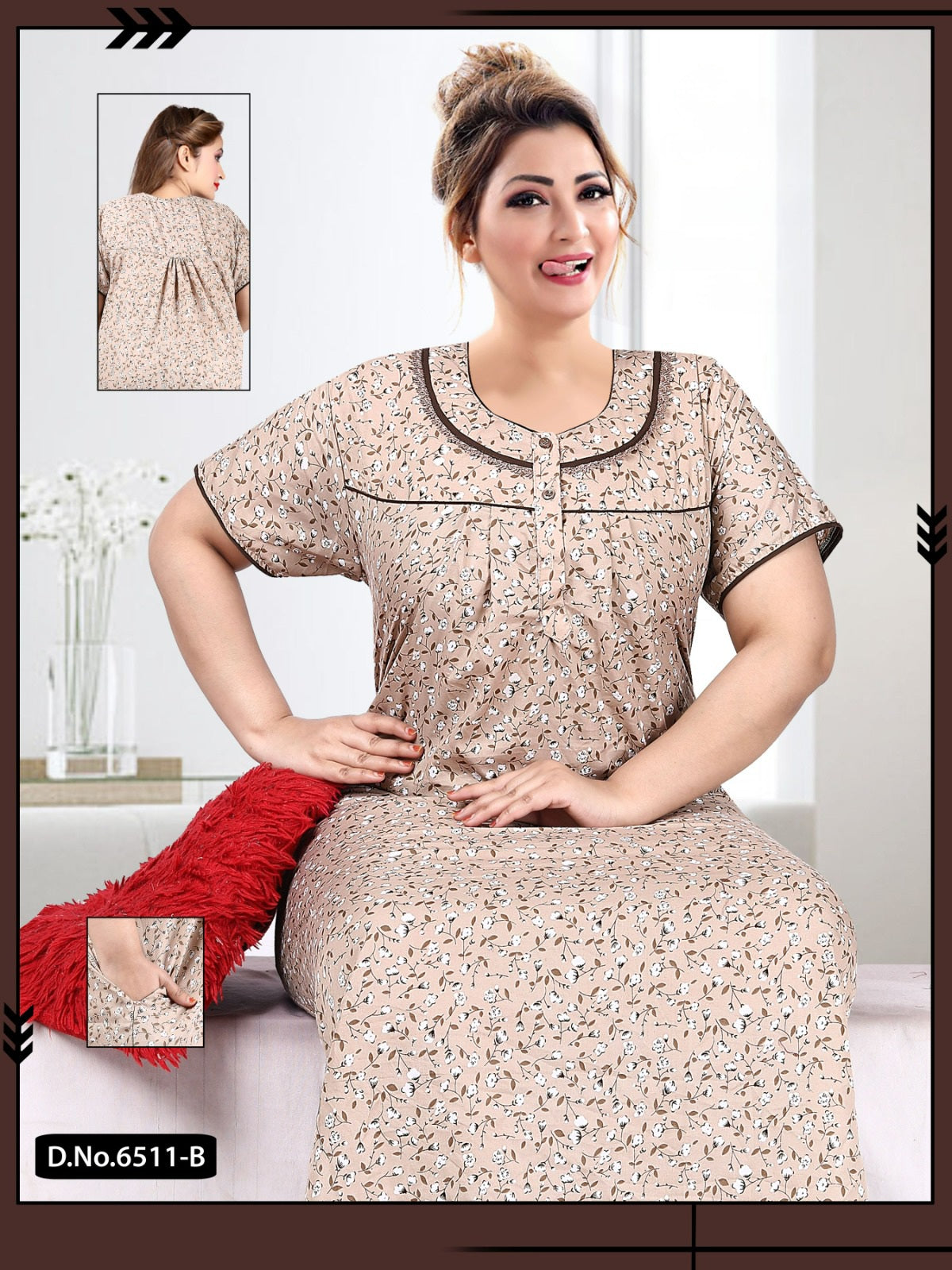 888005 Very Soft And Comfortable Night Gown with One Side Pocket - Beige