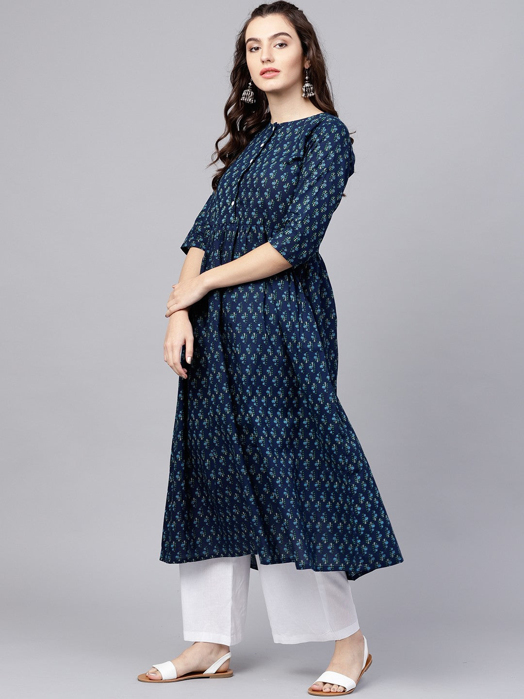 887003 Small Flower Print A-line Soft Cotton Kurti with Comfort  Pant
