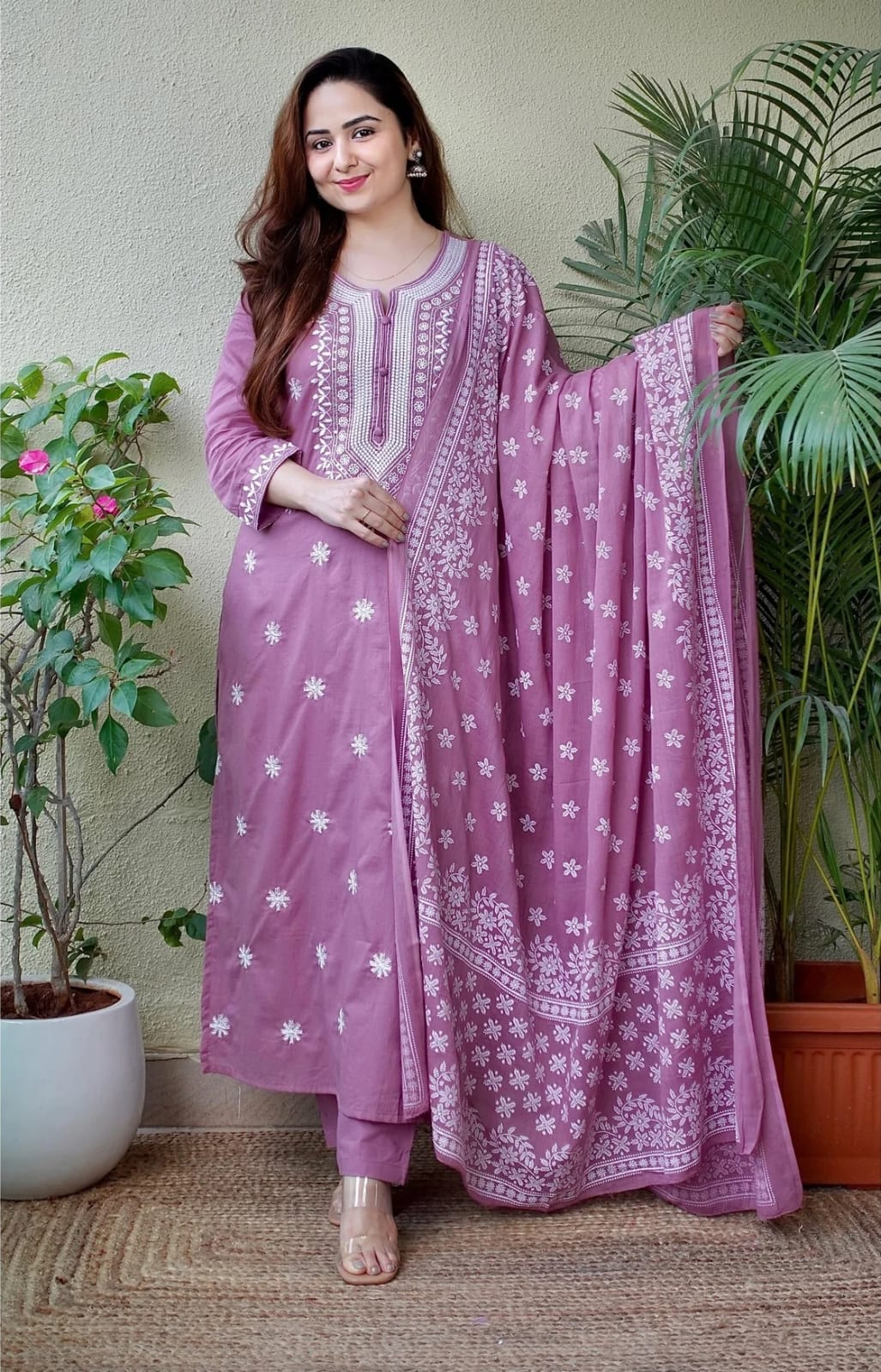 887002 Pure Soft Cotton White Embroidery Pink Kurti Dupatta with Pant