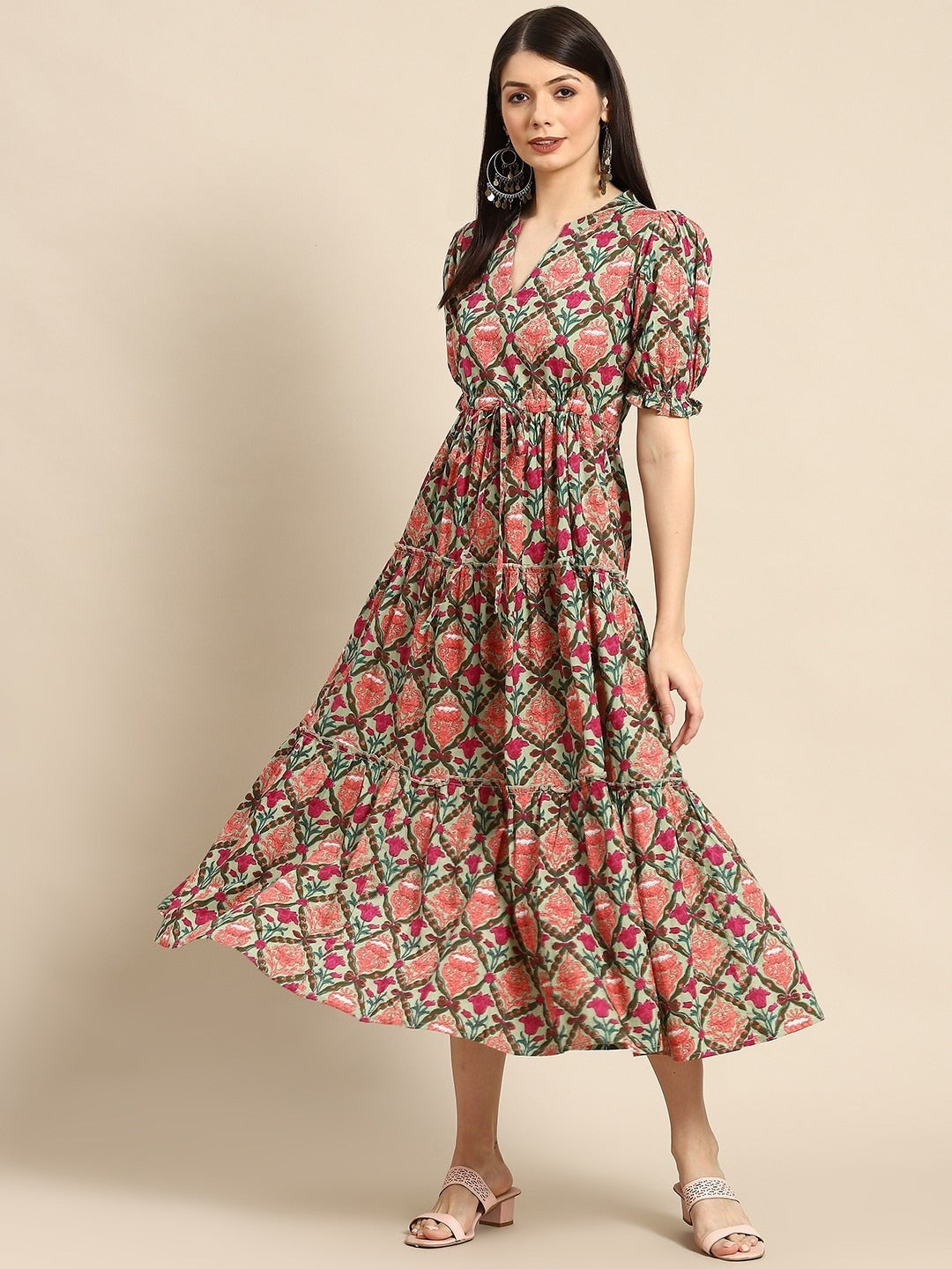 887005 Flower Print Pure Soft Malmal Cotton One Peace Midi Dress