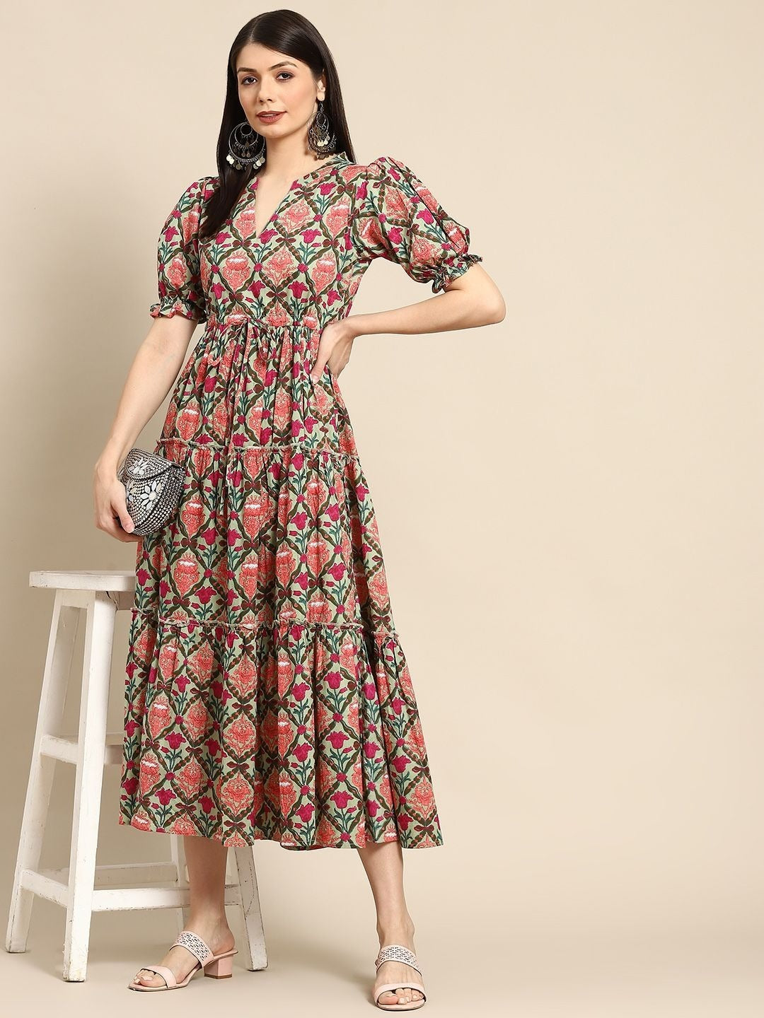 887005 Flower Print Pure Soft Malmal Cotton One Peace Midi Dress