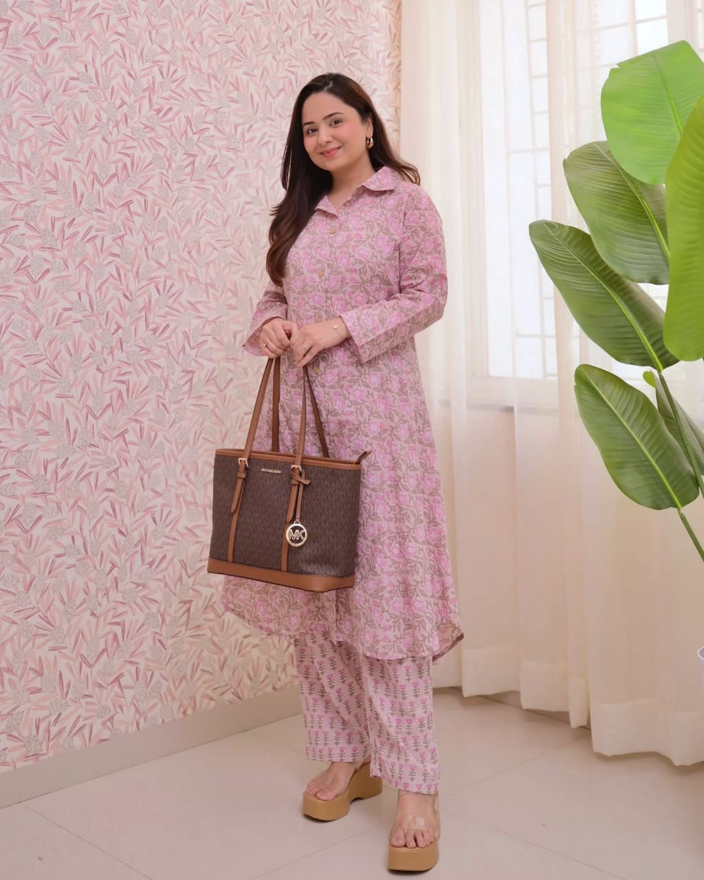 887001 Hand Printed Flower Print Pure Cotton Pink Co-Ord Set