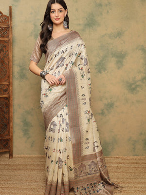944004 Cotton Silk Warli Print Saree with Kantha Embroidery Border | Soft & Elegant Look