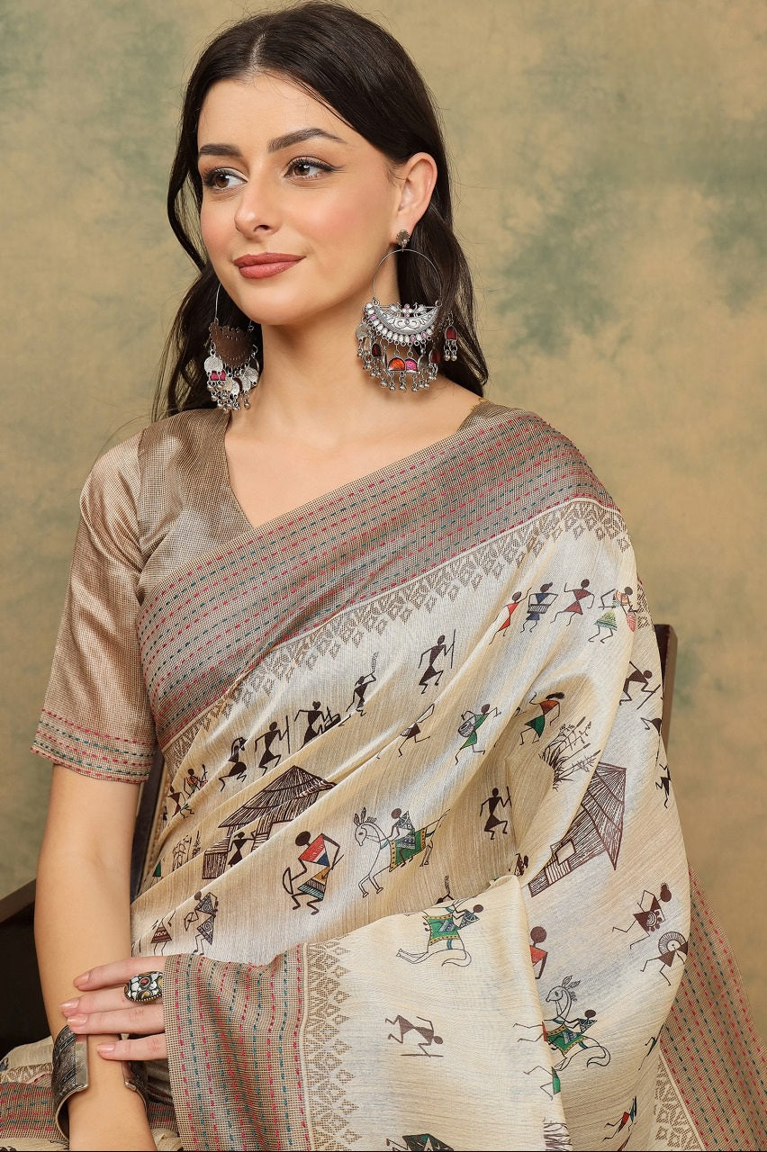 944004 Cotton Silk Warli Print Saree with Kantha Embroidery Border | Soft & Elegant Look