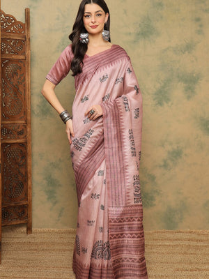 944007 Cotton Silk Warli Print Saree with Kantha Embroidery Border | Soft & Elegant Look