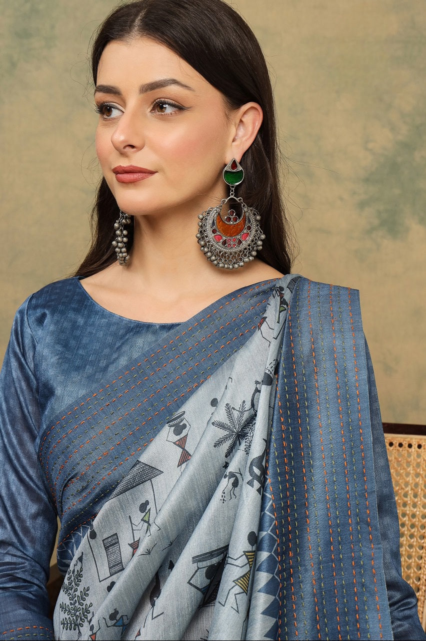944002 Cotton Silk Warli Print Saree with Kantha Embroidery Border | Soft & Elegant Look