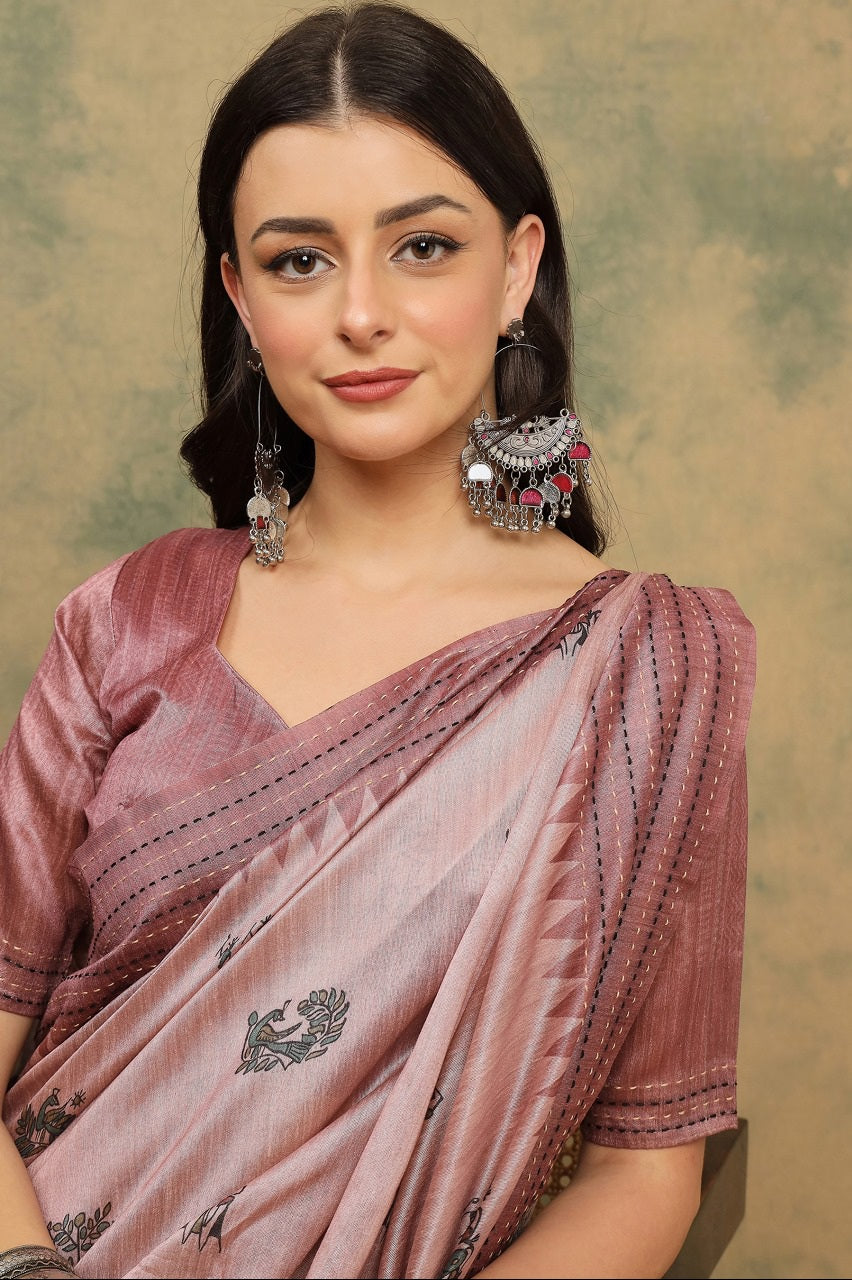 944007 Cotton Silk Warli Print Saree with Kantha Embroidery Border | Soft & Elegant Look