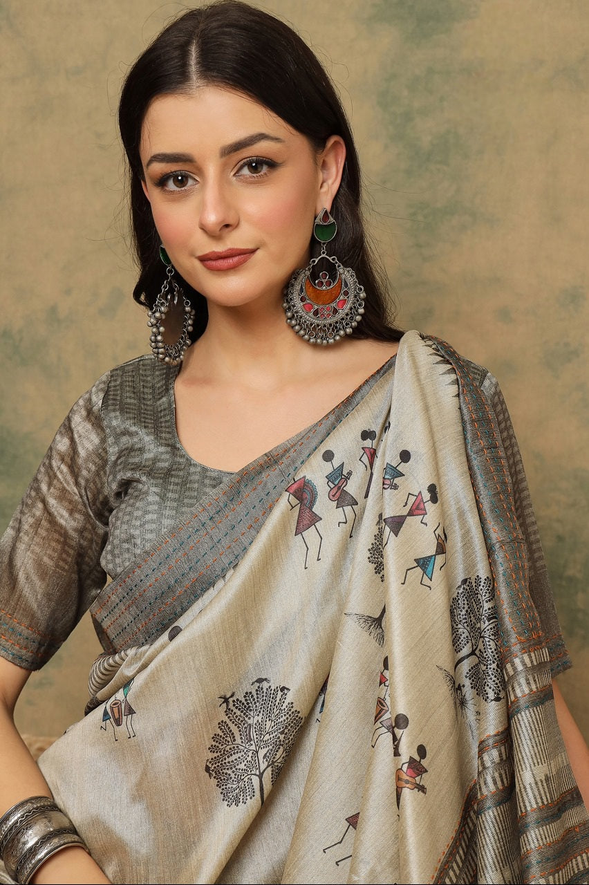 944005 Cotton Silk Warli Print Saree with Kantha Embroidery Border | Soft & Elegant Look