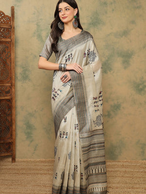 944005 Cotton Silk Warli Print Saree with Kantha Embroidery Border | Soft & Elegant Look